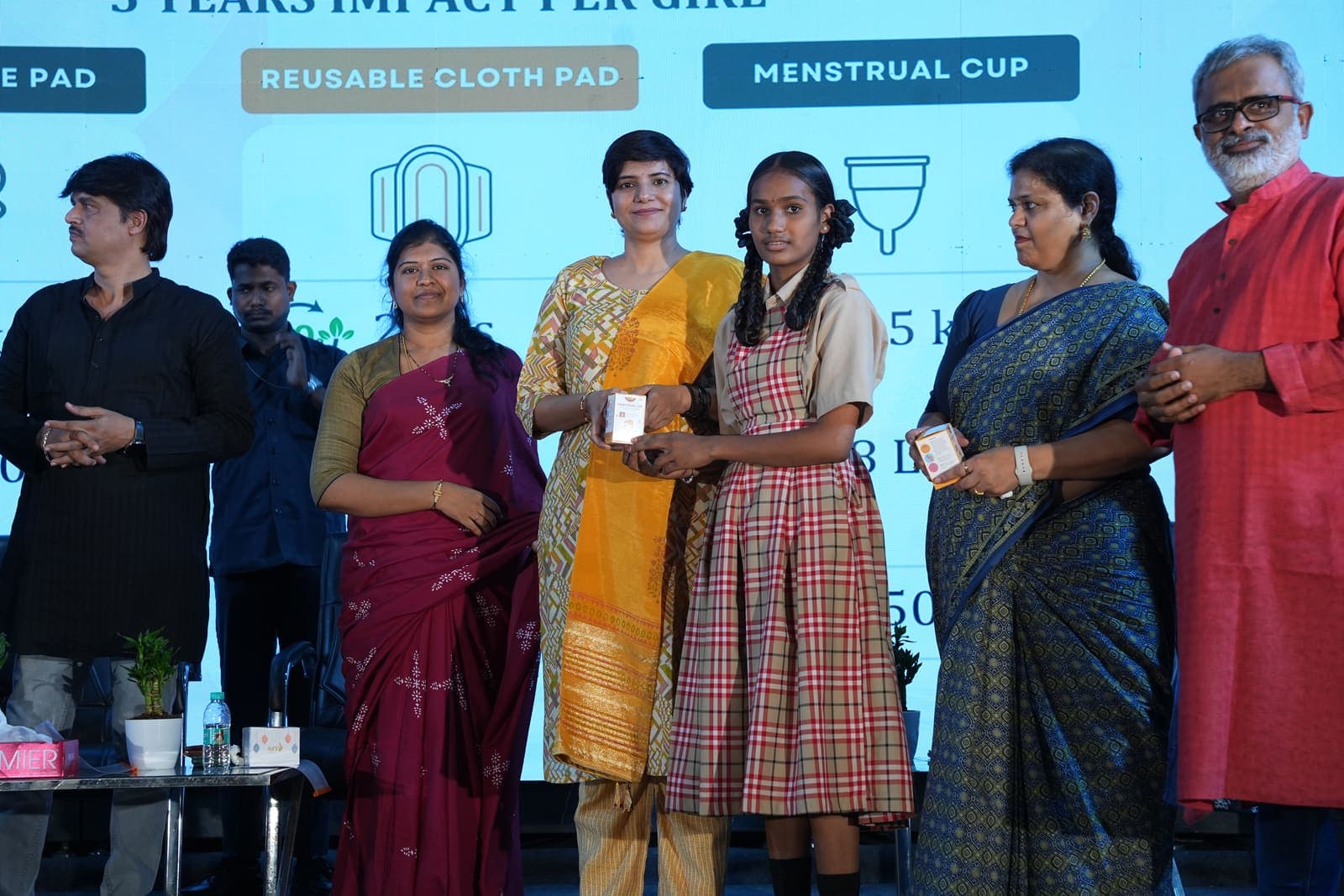 Students receiving menstrual cups at the Siddipet programme launch
